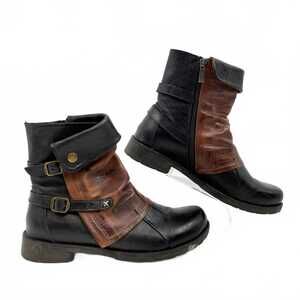 Jafa Black Brown Buckle Accent Leather Ankle Boots | Size 7 Women’s